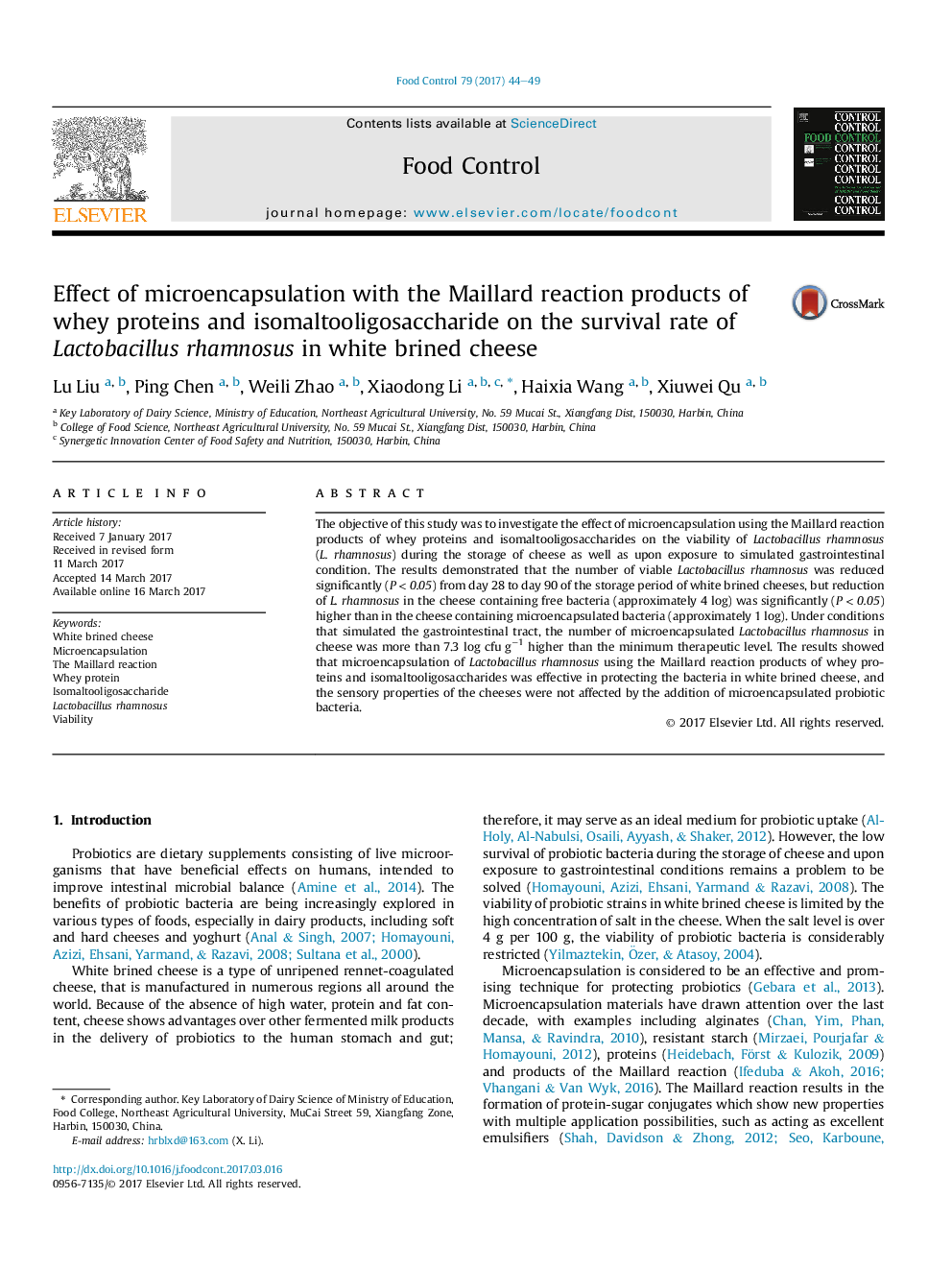 Effect of microencapsulation with the Maillard reaction products of whey proteins and isomaltooligosaccharide on the survival rate of Lactobacillus rhamnosus in white brined cheese