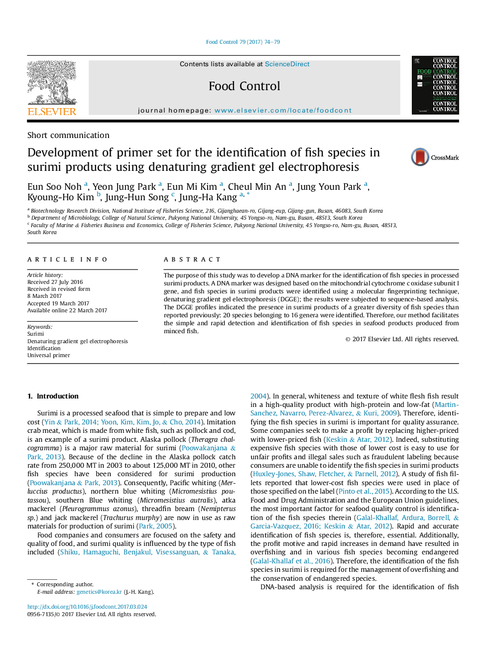 Short communicationDevelopment of primer set for the identification of fish species in surimi products using denaturing gradient gel electrophoresis