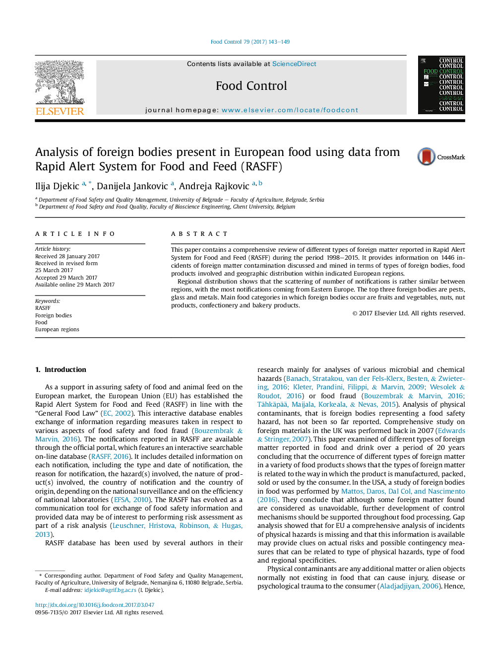 Analysis of foreign bodies present in European food using data from Rapid Alert System for Food and Feed (RASFF)