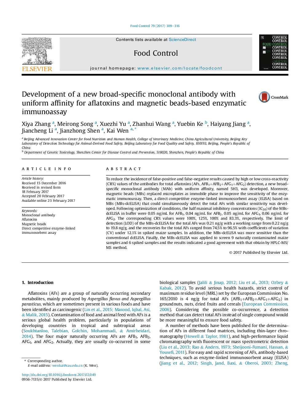 Development of a new broad-specific monoclonal antibody with uniform affinity for aflatoxins and magnetic beads-based enzymatic immunoassay