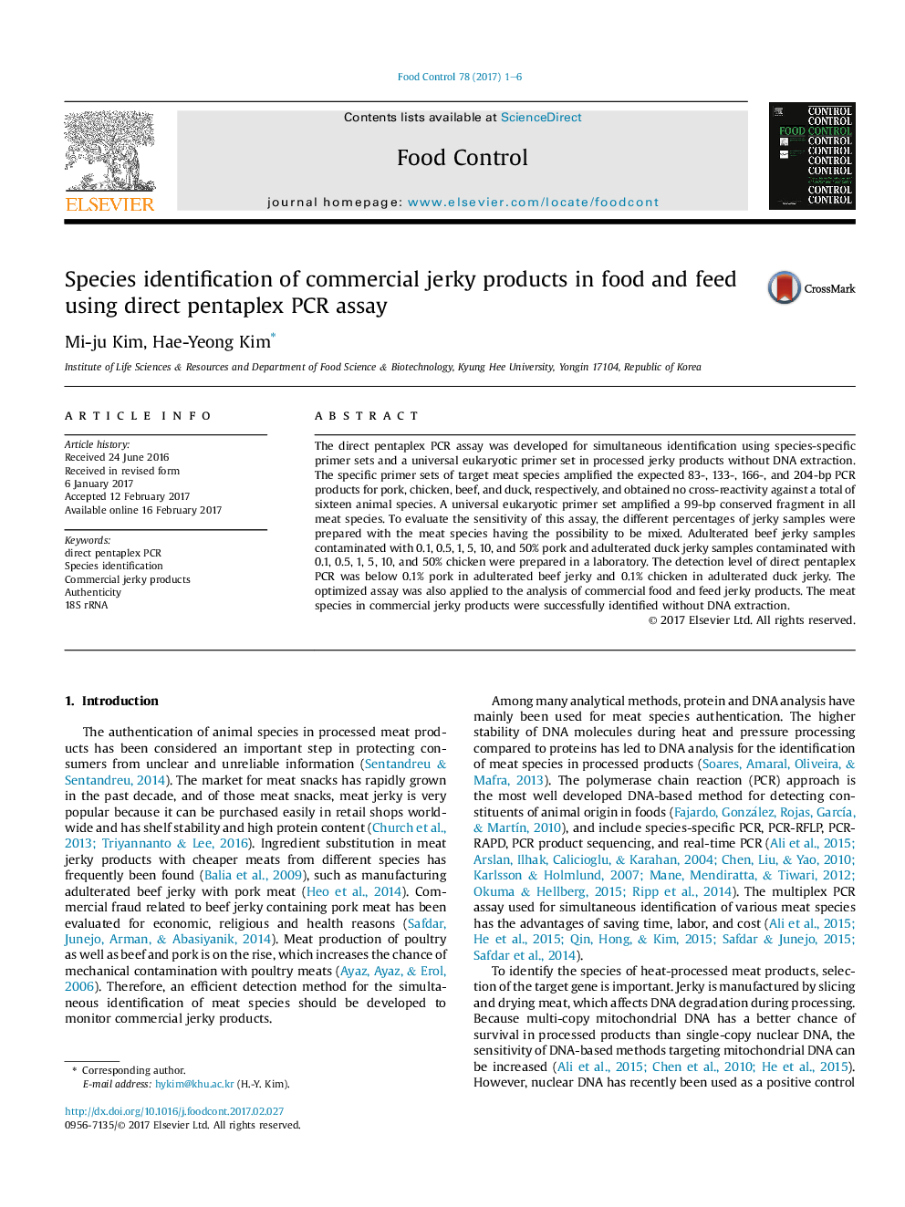 Species identification of commercial jerky products in food and feed using direct pentaplex PCR assay