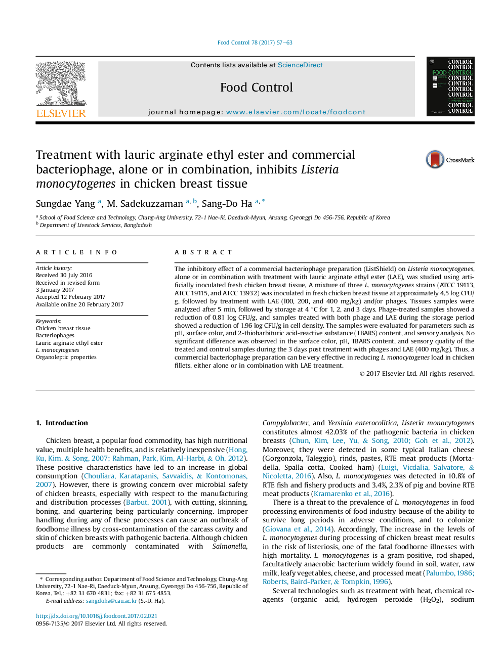 Treatment with lauric arginate ethyl ester and commercial bacteriophage, alone or in combination, inhibits Listeria monocytogenes in chicken breast tissue