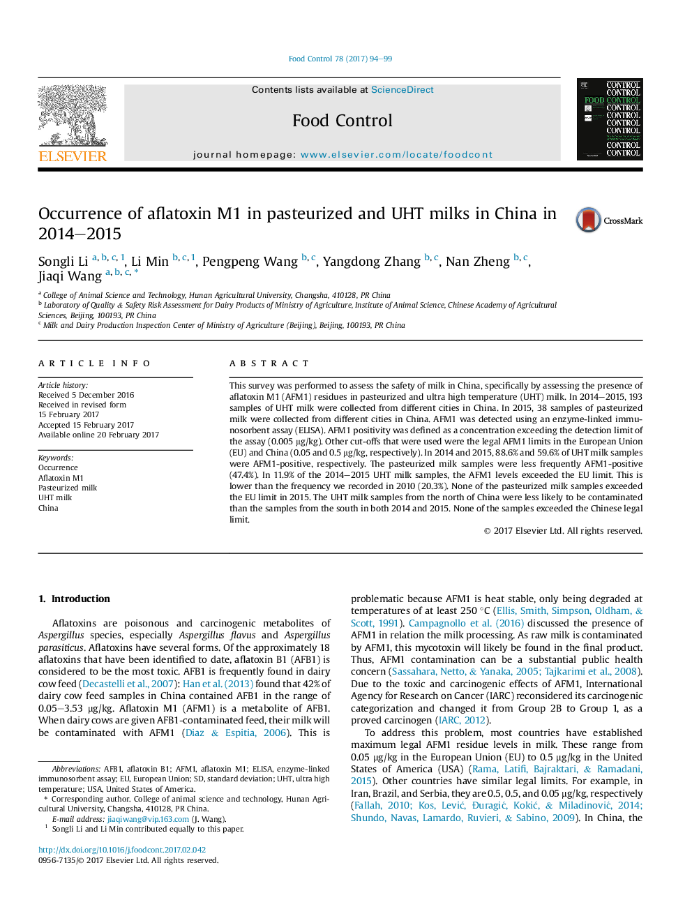 عکس صفحه اول مقاله: Occurrence of aflatoxin M1 in pasteurized and UHT milks in China in 2014-2015 Occurrence of aflatoxin M1 in pasteurized and UHT milks in China in 2014-2015