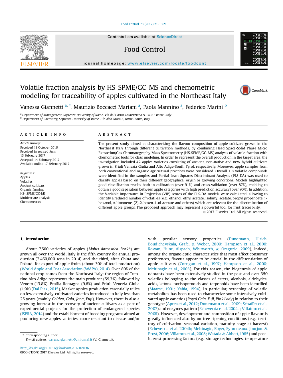 Volatile fraction analysis by HS-SPME/GC-MS and chemometric modeling for traceability of apples cultivated in the Northeast Italy