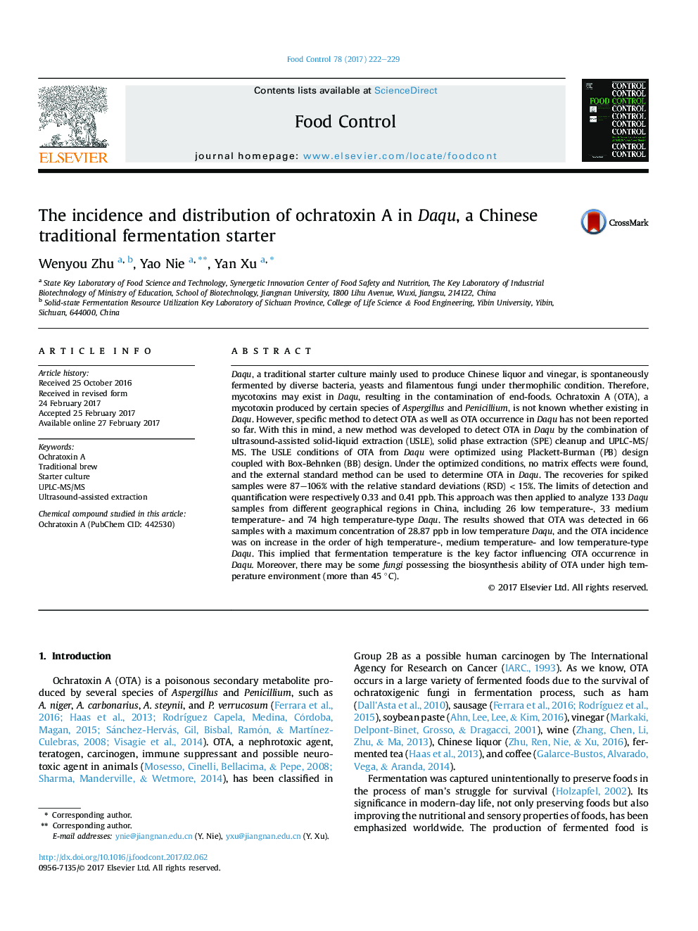 The incidence and distribution of ochratoxin A in Daqu, a Chinese traditional fermentation starter