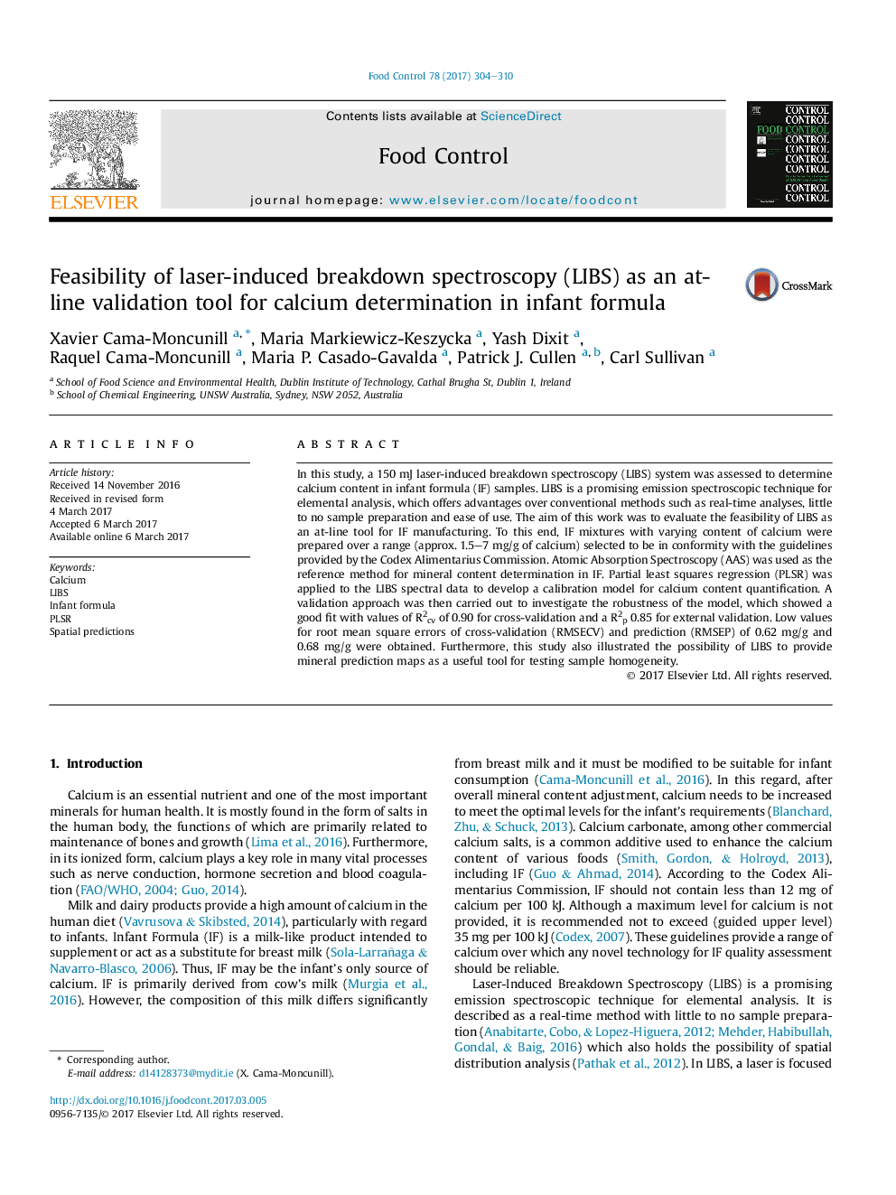 Feasibility of laser-induced breakdown spectroscopy (LIBS) as an at-line validation tool for calcium determination in infant formula