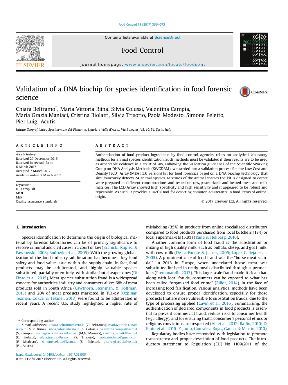 Validation of a DNA biochip for species identification in food forensic science