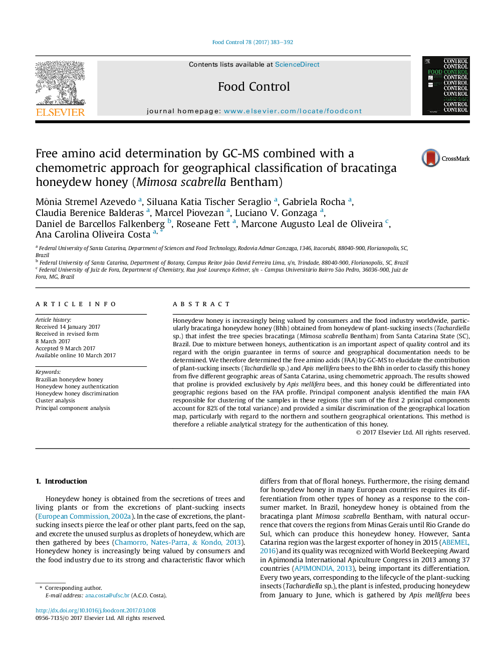 Free amino acid determination by GC-MS combined with a chemometric approach for geographical classification of bracatinga honeydew honey (Mimosa scabrella Bentham)