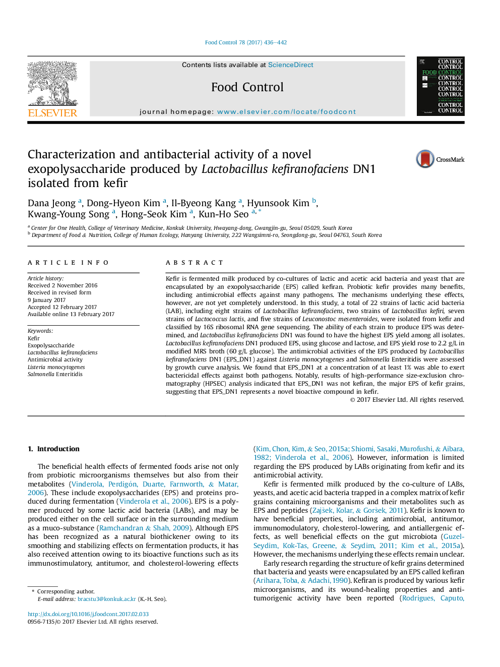 Characterization and antibacterial activity of a novel exopolysaccharide produced by Lactobacillus kefiranofaciens DN1 isolated from kefir