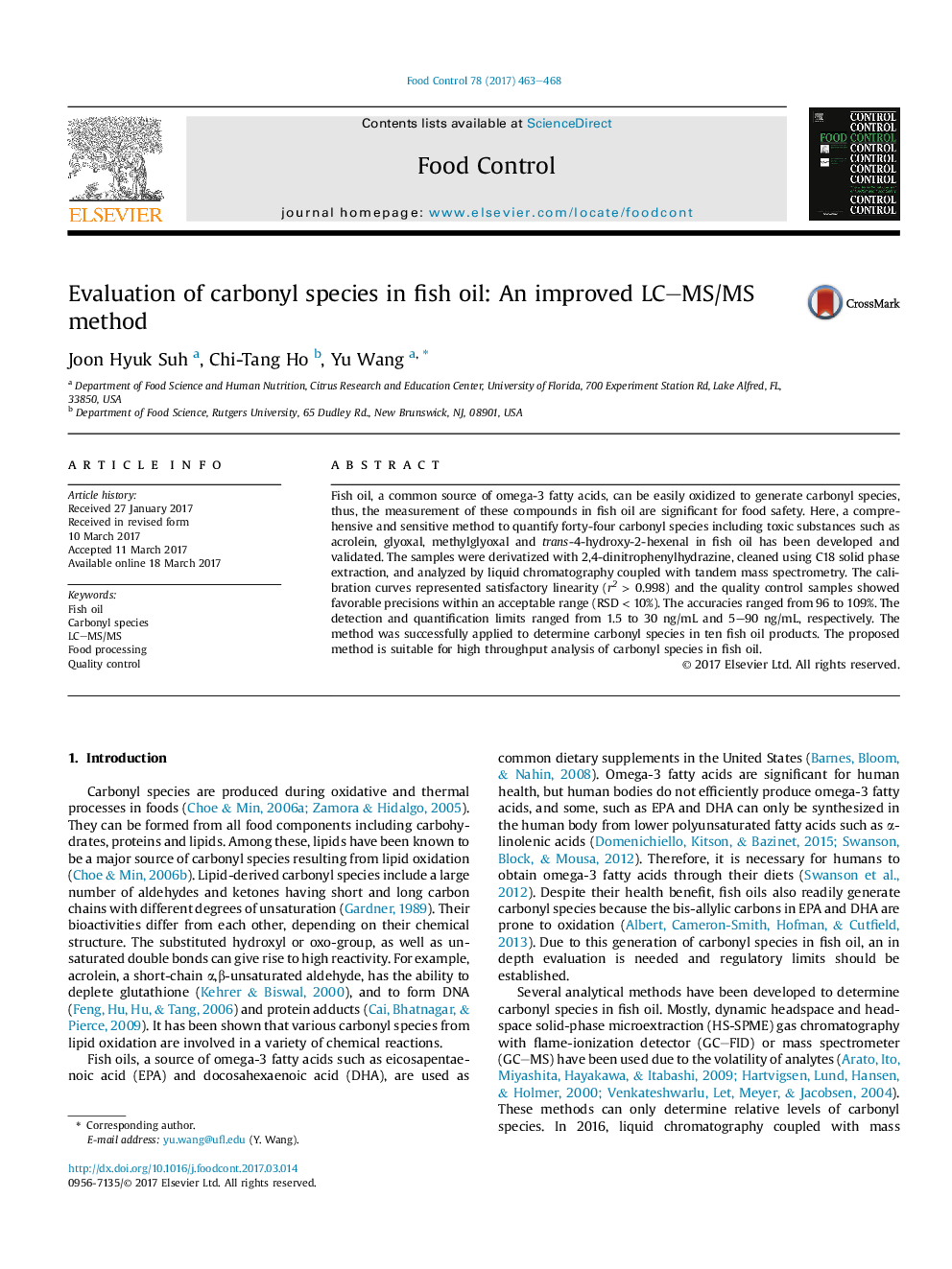 Evaluation of carbonyl species in fish oil: An improved LC-MS/MS method