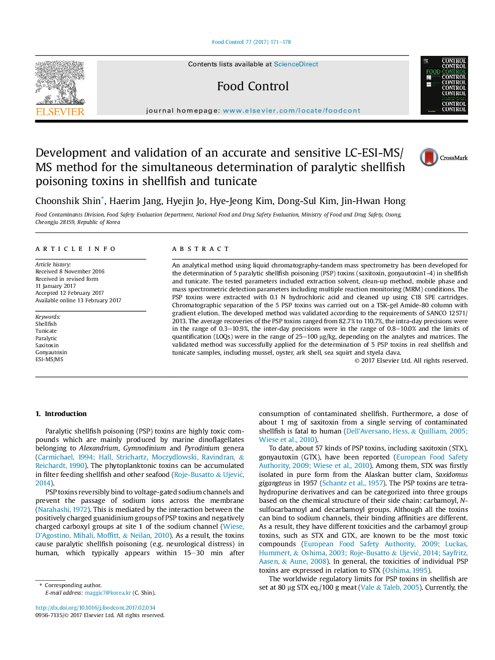 Development and validation of an accurate and sensitive LC-ESI-MS/MS method for the simultaneous determination of paralytic shellfish poisoning toxins in shellfish and tunicate