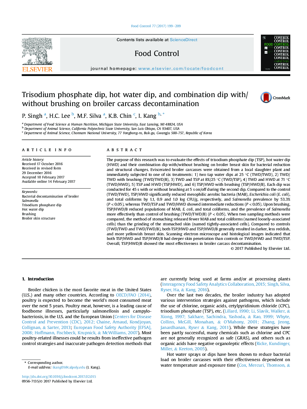 Trisodium phosphate dip, hot water dip, and combination dip with/without brushing on broiler carcass decontamination