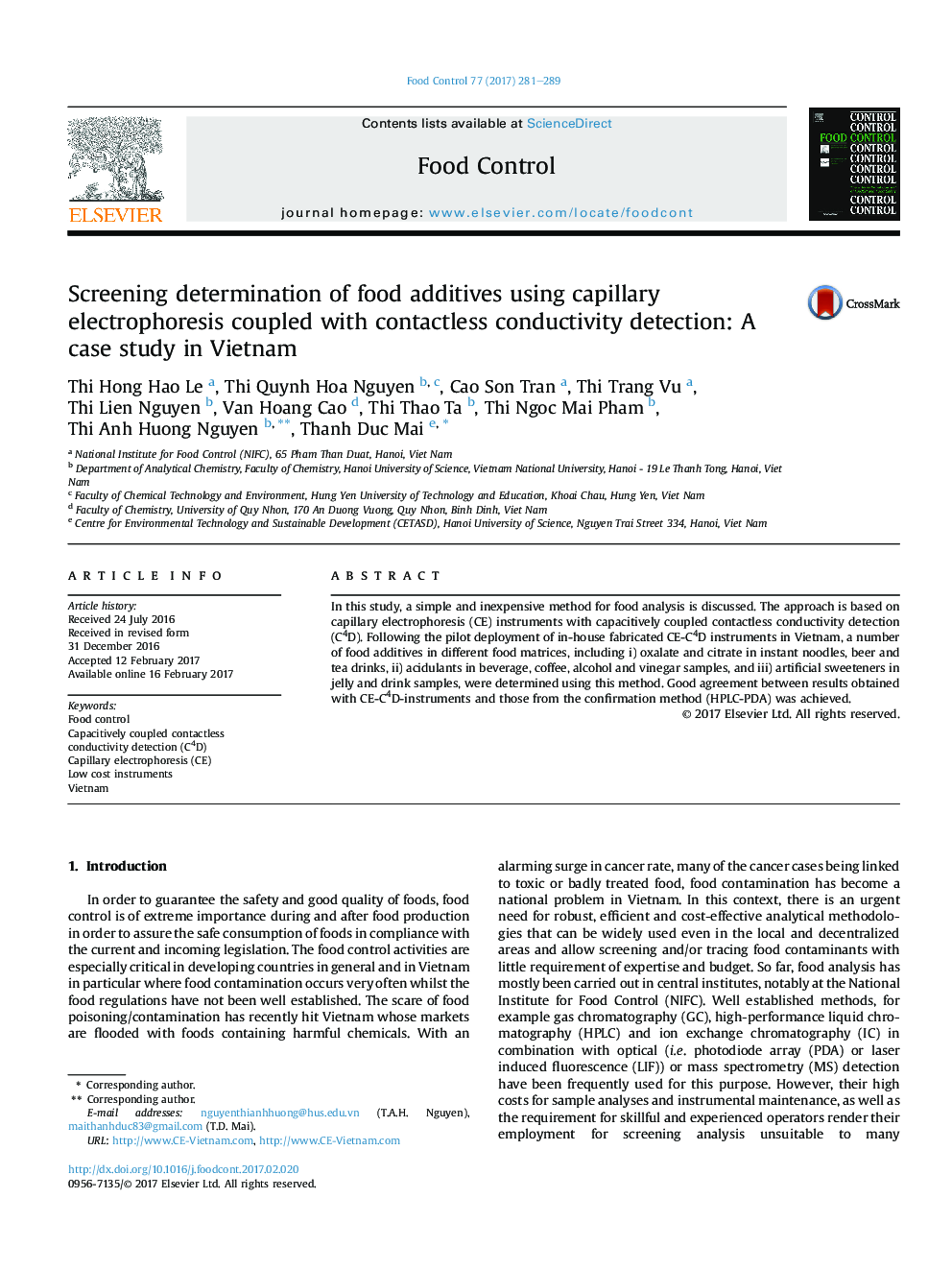 Screening determination of food additives using capillary electrophoresis coupled with contactless conductivity detection: A case study in Vietnam