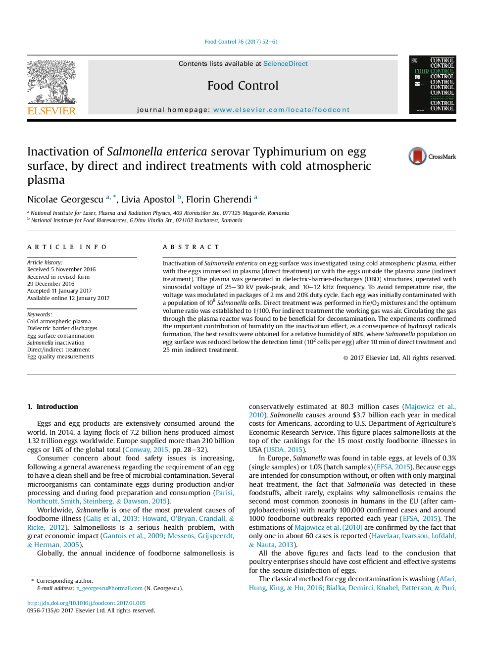 Inactivation of Salmonella enterica serovar Typhimurium on egg surface, by direct and indirect treatments with cold atmospheric plasma