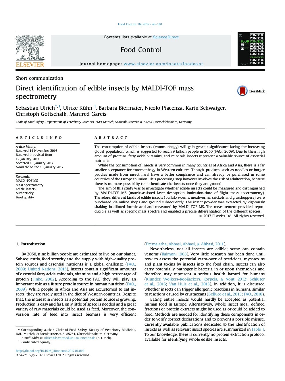 Short communicationDirect identification of edible insects by MALDI-TOF mass spectrometry