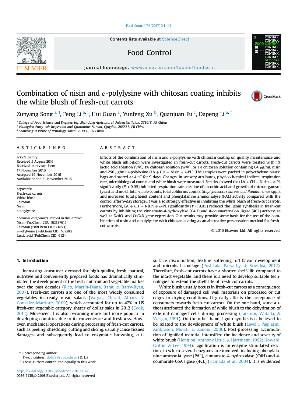 Combination of nisin and Îµ-polylysine with chitosan coating inhibits the white blush of fresh-cut carrots