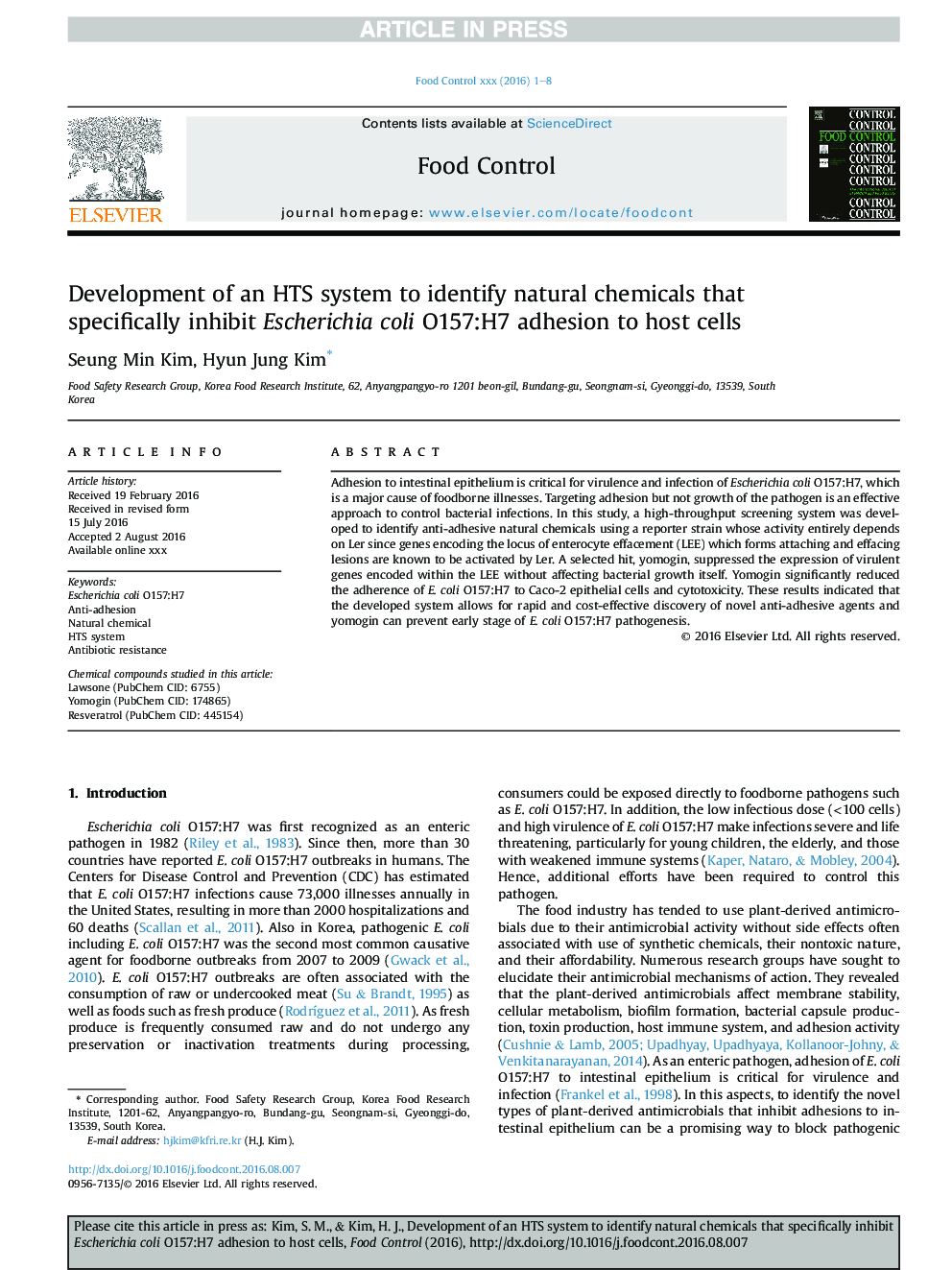 Development of an HTS system to identify natural chemicals that specifically inhibit Escherichia coli O157:H7 adhesion to host cells