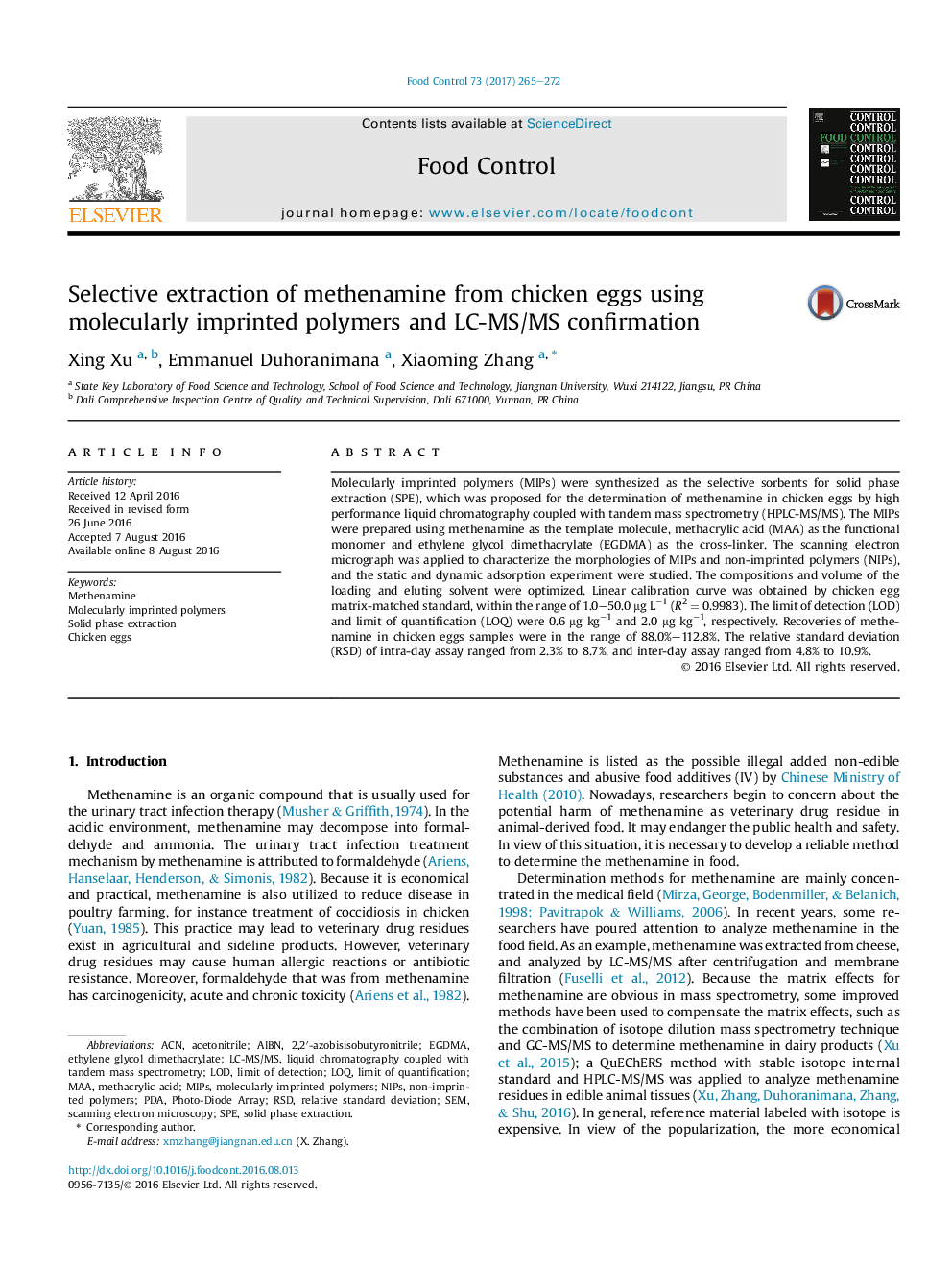 Selective extraction of methenamine from chicken eggs using molecularly imprinted polymers and LC-MS/MS confirmation