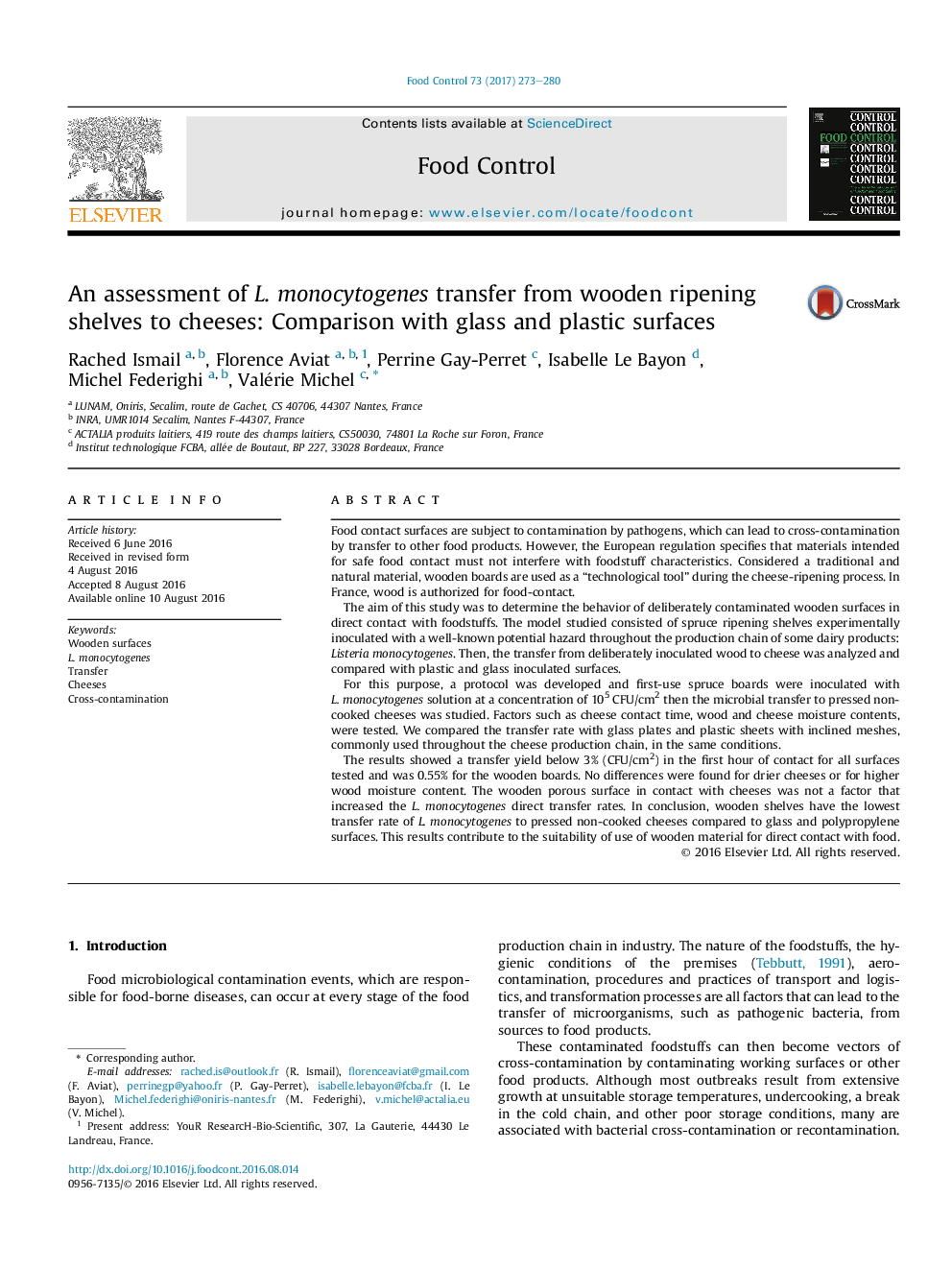 An assessment of L.Â monocytogenes transfer from wooden ripening shelves to cheeses: Comparison with glass and plastic surfaces