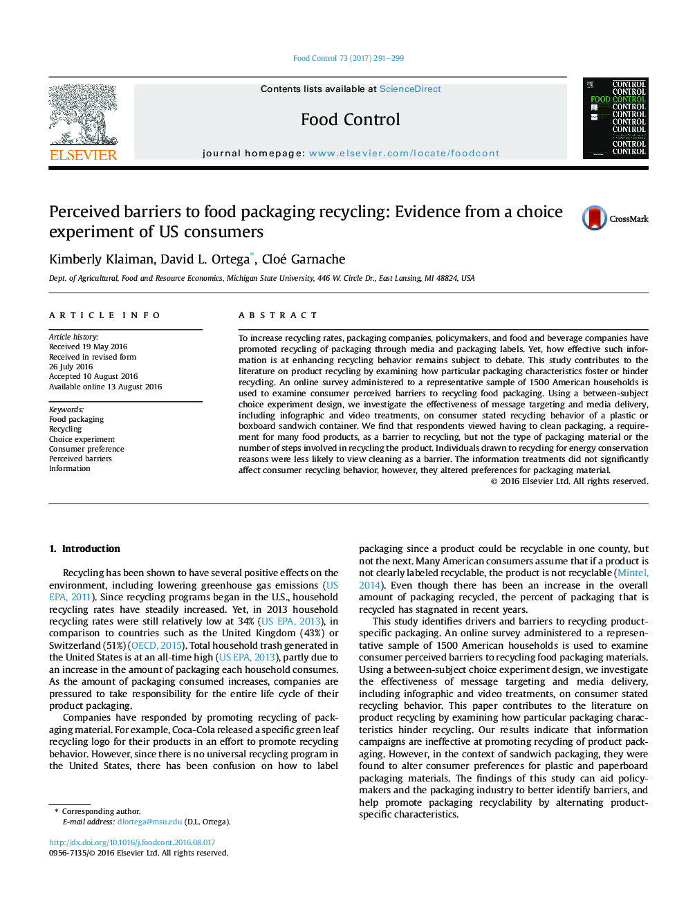 Perceived barriers to food packaging recycling: Evidence from a choice experiment of US consumers