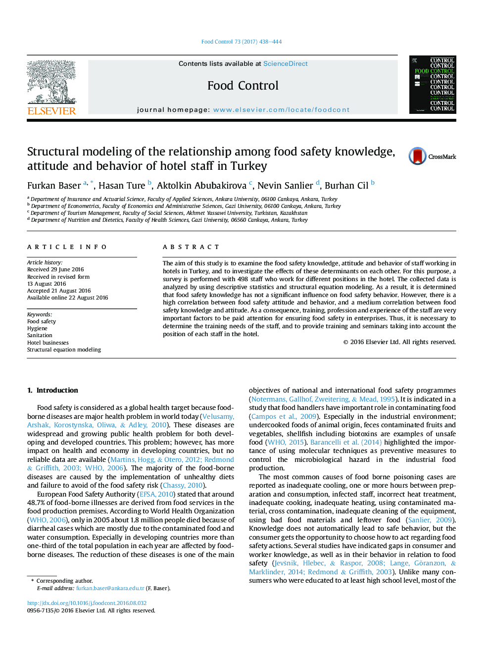 Structural modeling of the relationship among food safety knowledge, attitude and behavior of hotel staff in Turkey