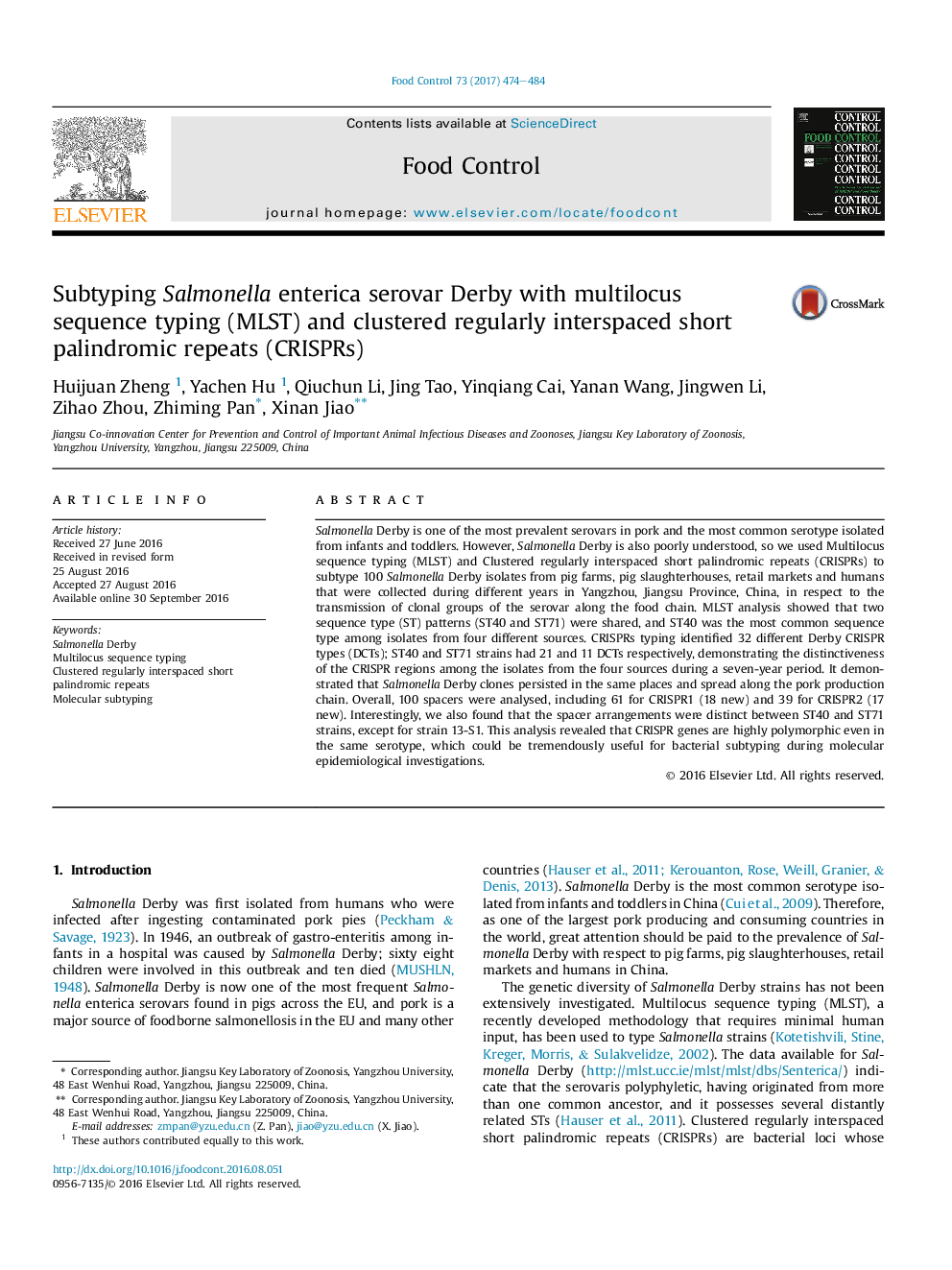 Subtyping Salmonella enterica serovar Derby with multilocus sequence typing (MLST) and clustered regularly interspaced short palindromic repeats (CRISPRs)