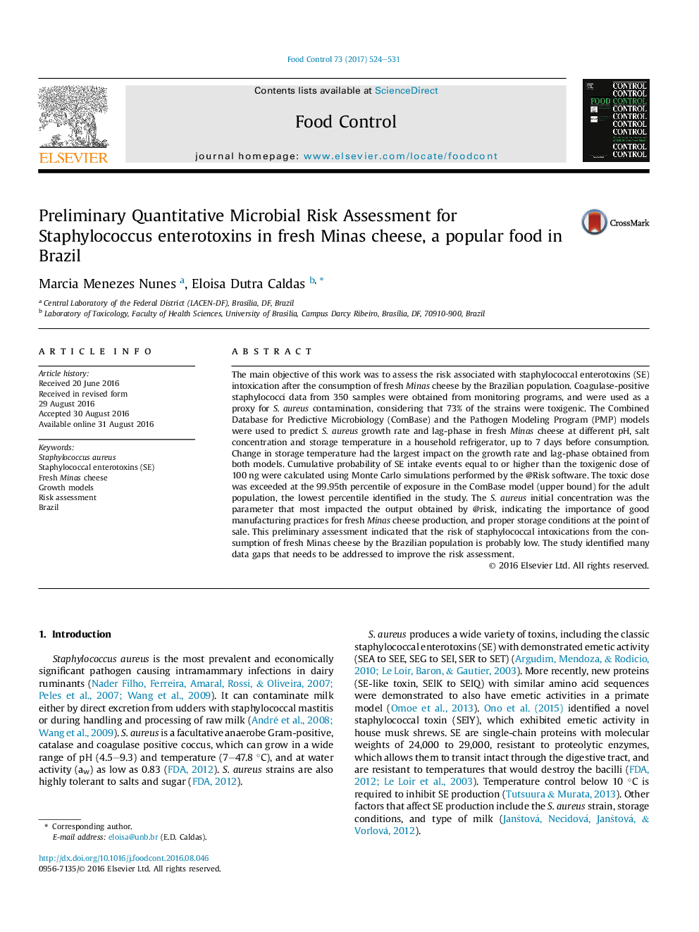 Preliminary Quantitative Microbial Risk Assessment for Staphylococcus enterotoxins in fresh Minas cheese, a popular food in Brazil