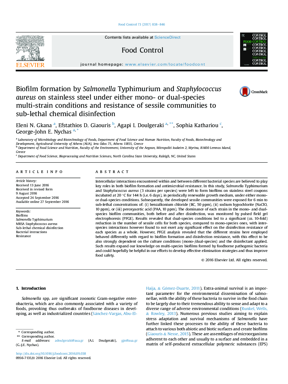 Biofilm formation by Salmonella Typhimurium and Staphylococcus aureus on stainless steel under either mono- or dual-species multi-strain conditions and resistance of sessile communities to sub-lethal chemical disinfection