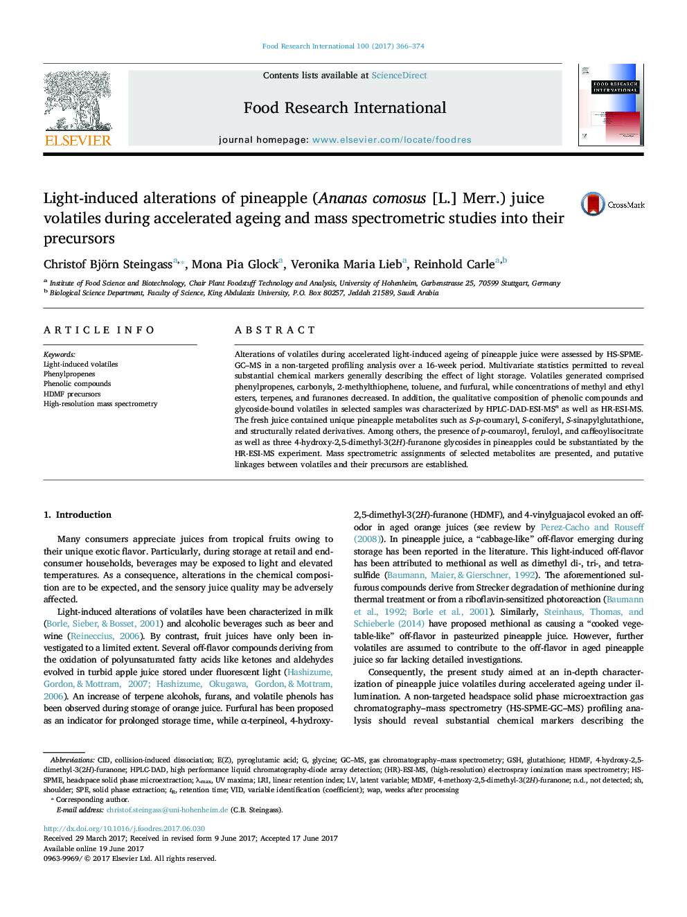 Light-induced alterations of pineapple (Ananas comosus [L.] Merr.) juice volatiles during accelerated ageing and mass spectrometric studies into their precursors