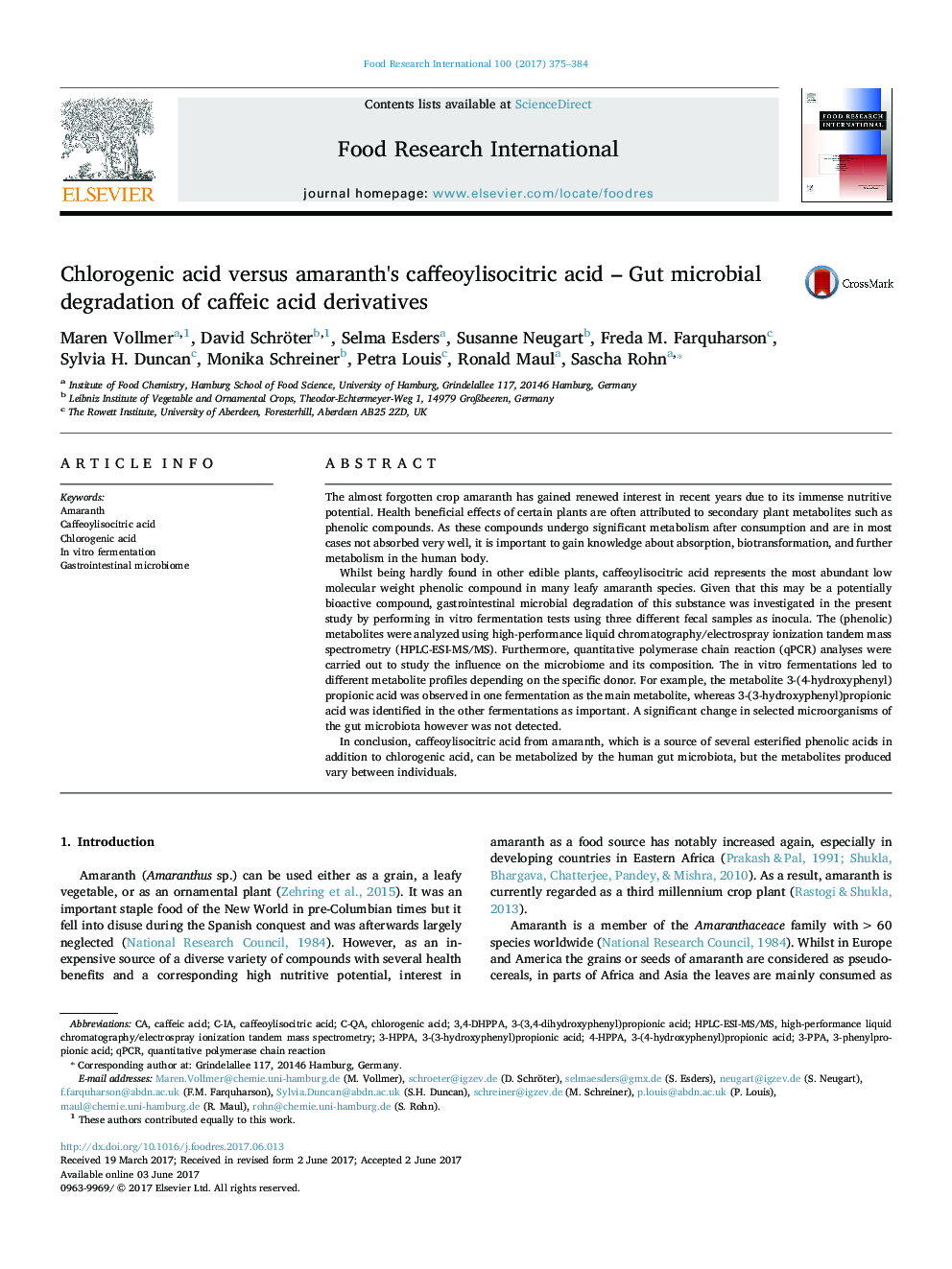 Chlorogenic acid versus amaranth's caffeoylisocitric acid - Gut microbial degradation of caffeic acid derivatives