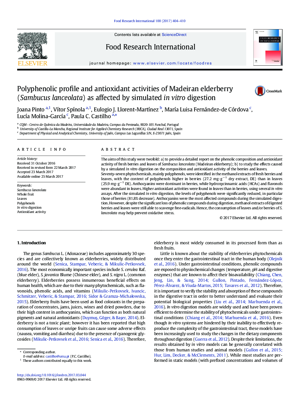 Polyphenolic profile and antioxidant activities of Madeiran elderberry (Sambucus lanceolata) as affected by simulated in vitro digestion