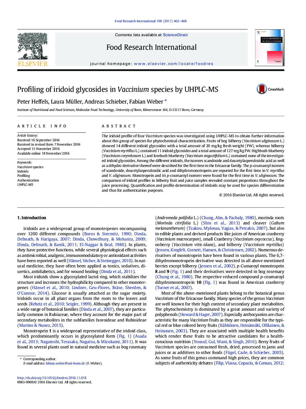 Profiling of iridoid glycosides in Vaccinium species by UHPLC-MS