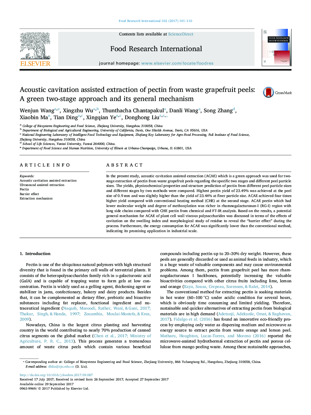 Acoustic cavitation assisted extraction of pectin from waste grapefruit peels: A green two-stage approach and its general mechanism