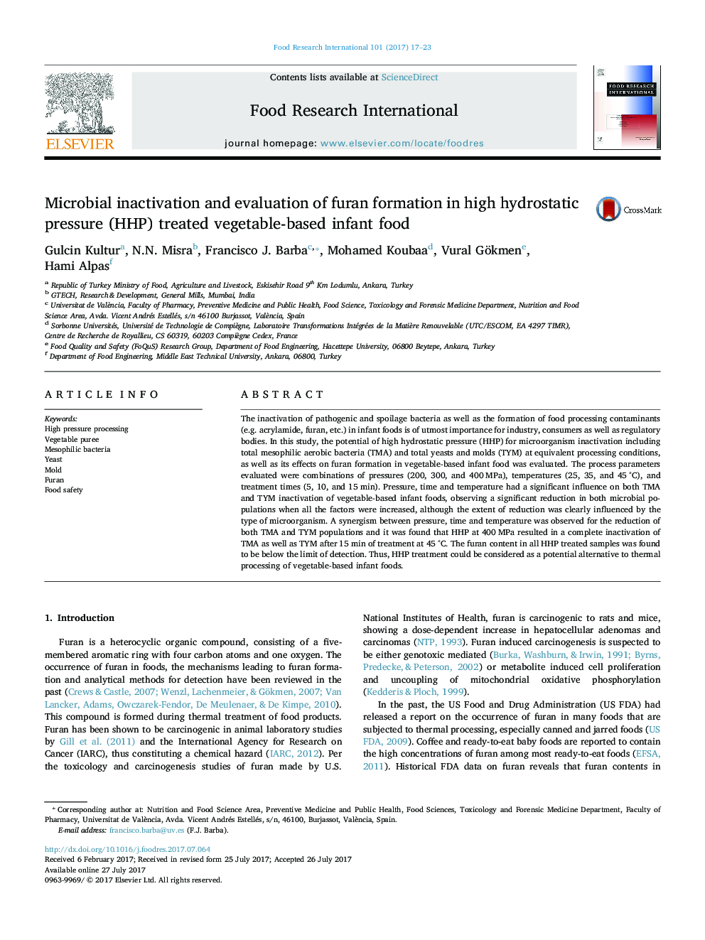 Microbial inactivation and evaluation of furan formation in high hydrostatic pressure (HHP) treated vegetable-based infant food