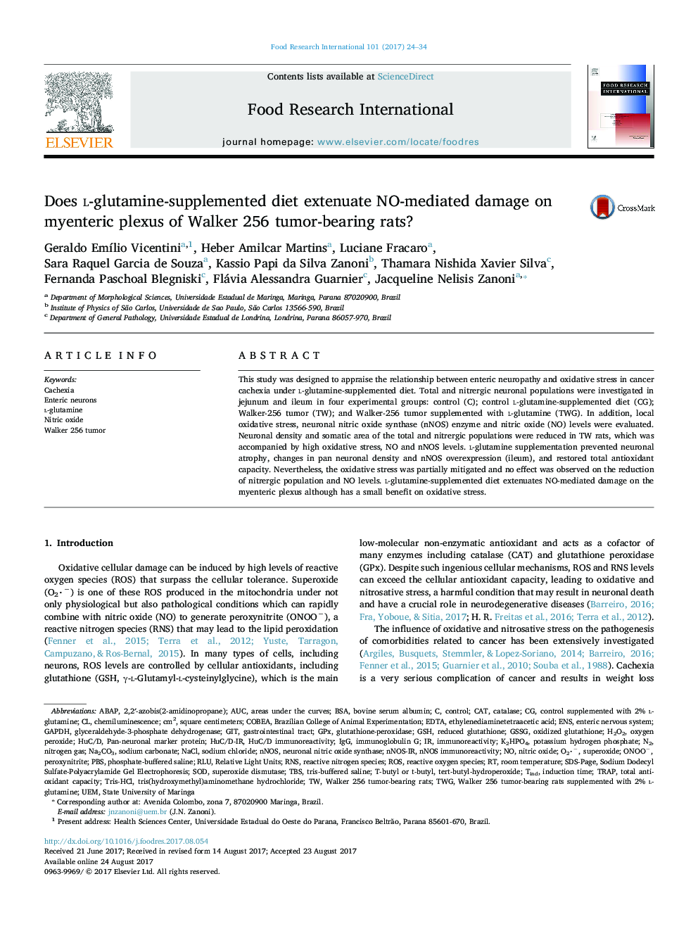 Does l-glutamine-supplemented diet extenuate NO-mediated damage on myenteric plexus of Walker 256 tumor-bearing rats?