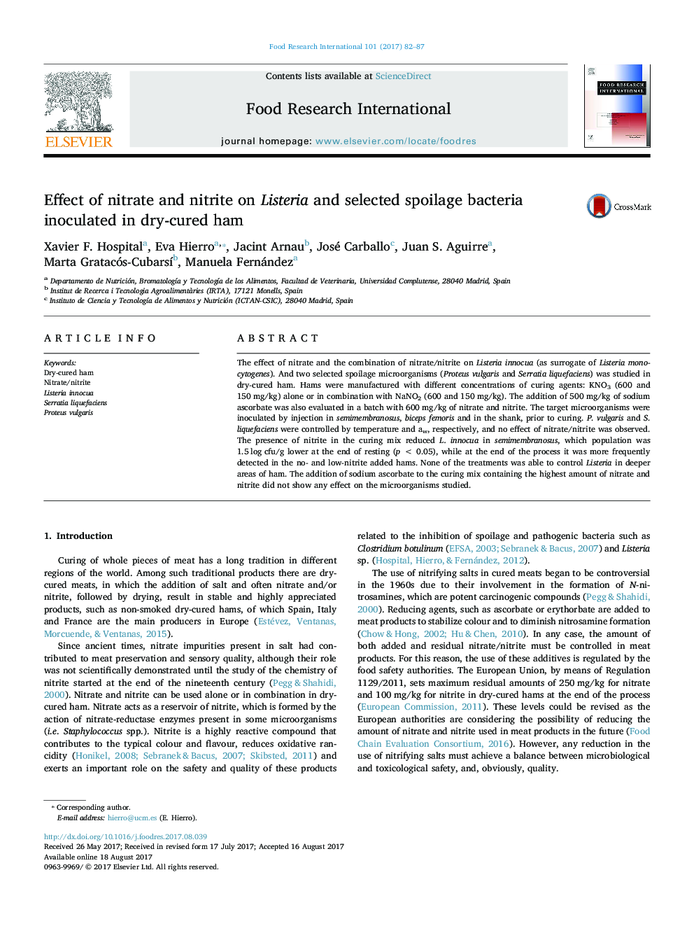 Effect of nitrate and nitrite on Listeria and selected spoilage bacteria inoculated in dry-cured ham