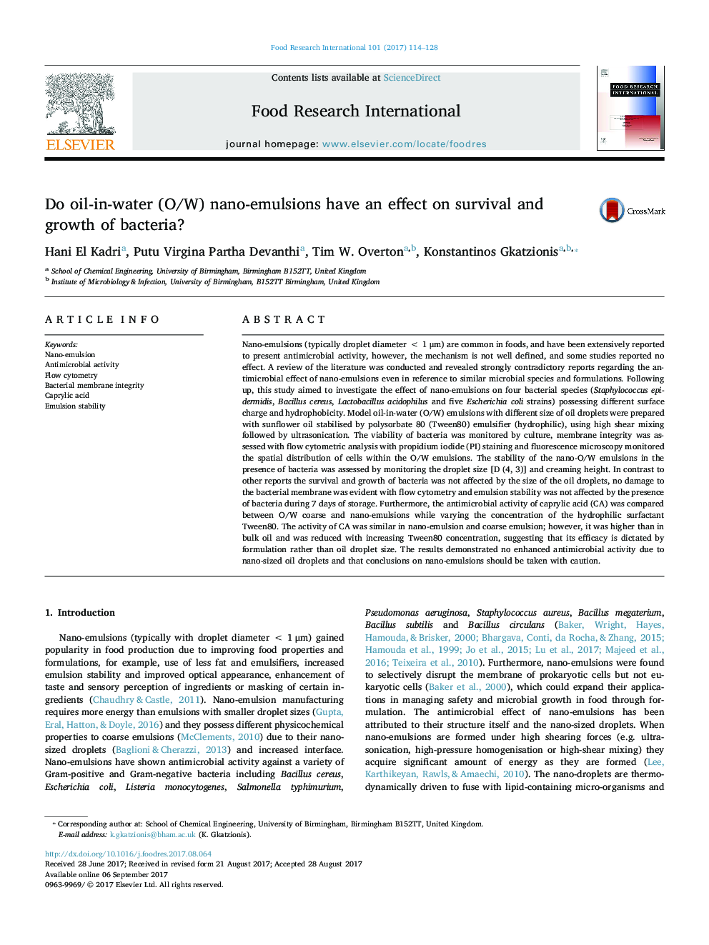 Do oil-in-water (O/W) nano-emulsions have an effect on survival and growth of bacteria?