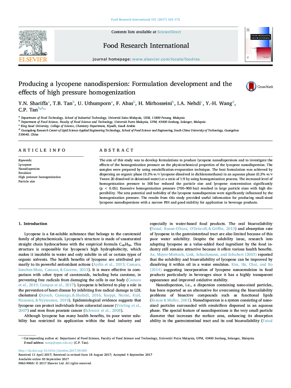 تولید نانودیزاسیون لیکوپن: توسعه فرمولاسیون و اثرات همگن شدن فشار بالا 