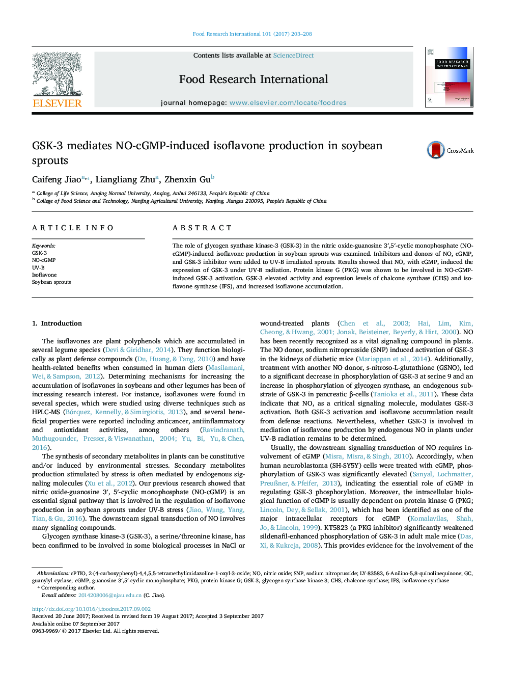 GSK-3 mediates NO-cGMP-induced isoflavone production in soybean sprouts