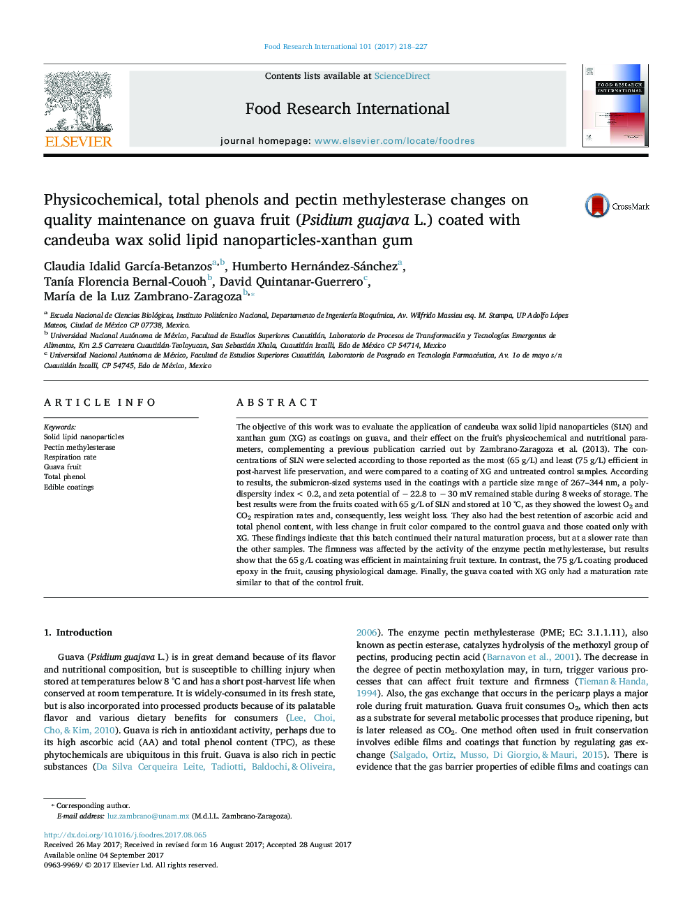 Physicochemical, total phenols and pectin methylesterase changes on quality maintenance on guava fruit (Psidium guajava L.) coated with candeuba wax solid lipid nanoparticles-xanthan gum