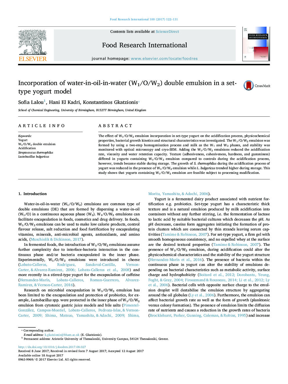 Incorporation of water-in-oil-in-water (W1/O/W2) double emulsion in a set-type yogurt model