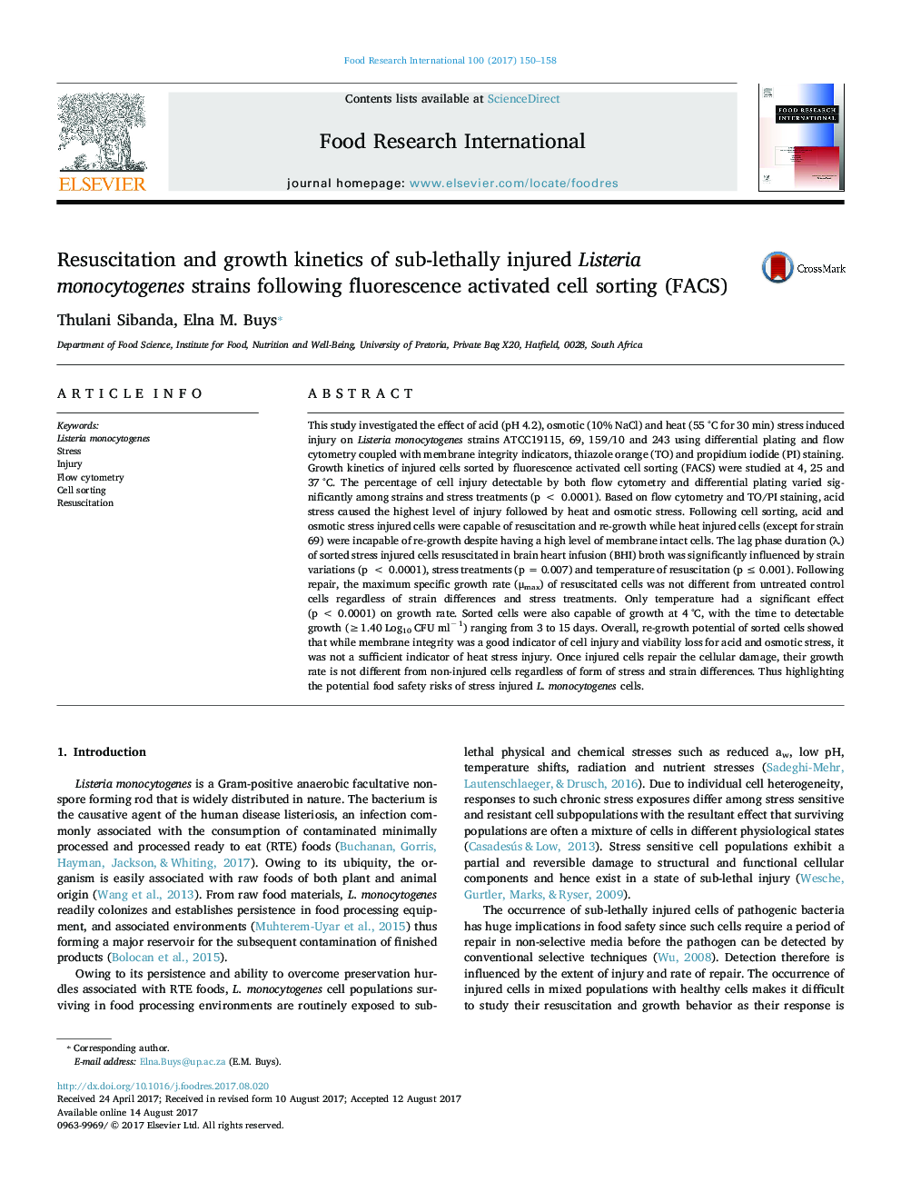 Resuscitation and growth kinetics of sub-lethally injured Listeria monocytogenes strains following fluorescence activated cell sorting (FACS)