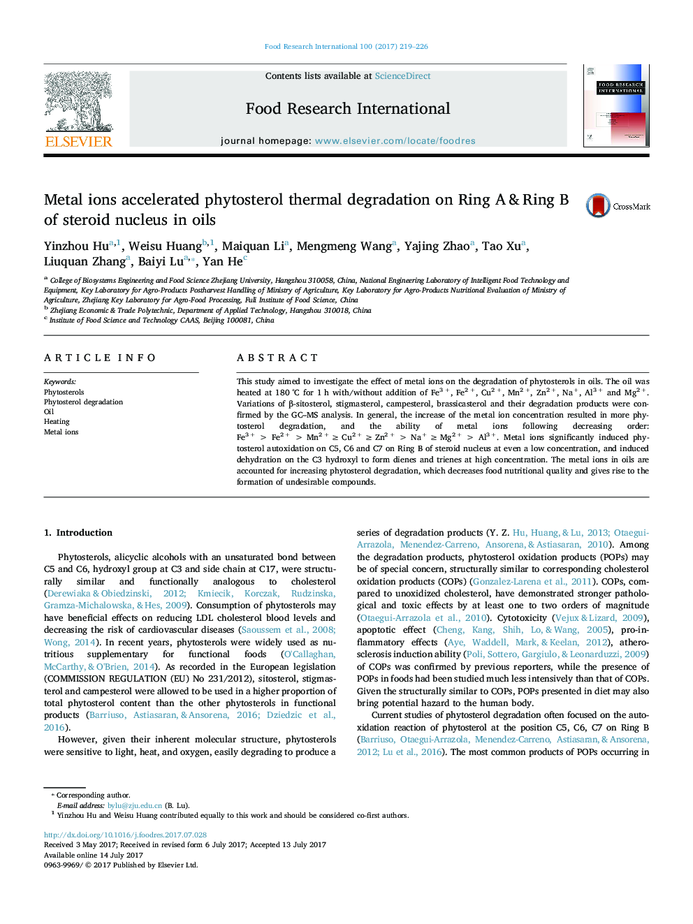 Metal ions accelerated phytosterol thermal degradation on Ring A & Ring B of steroid nucleus in oils