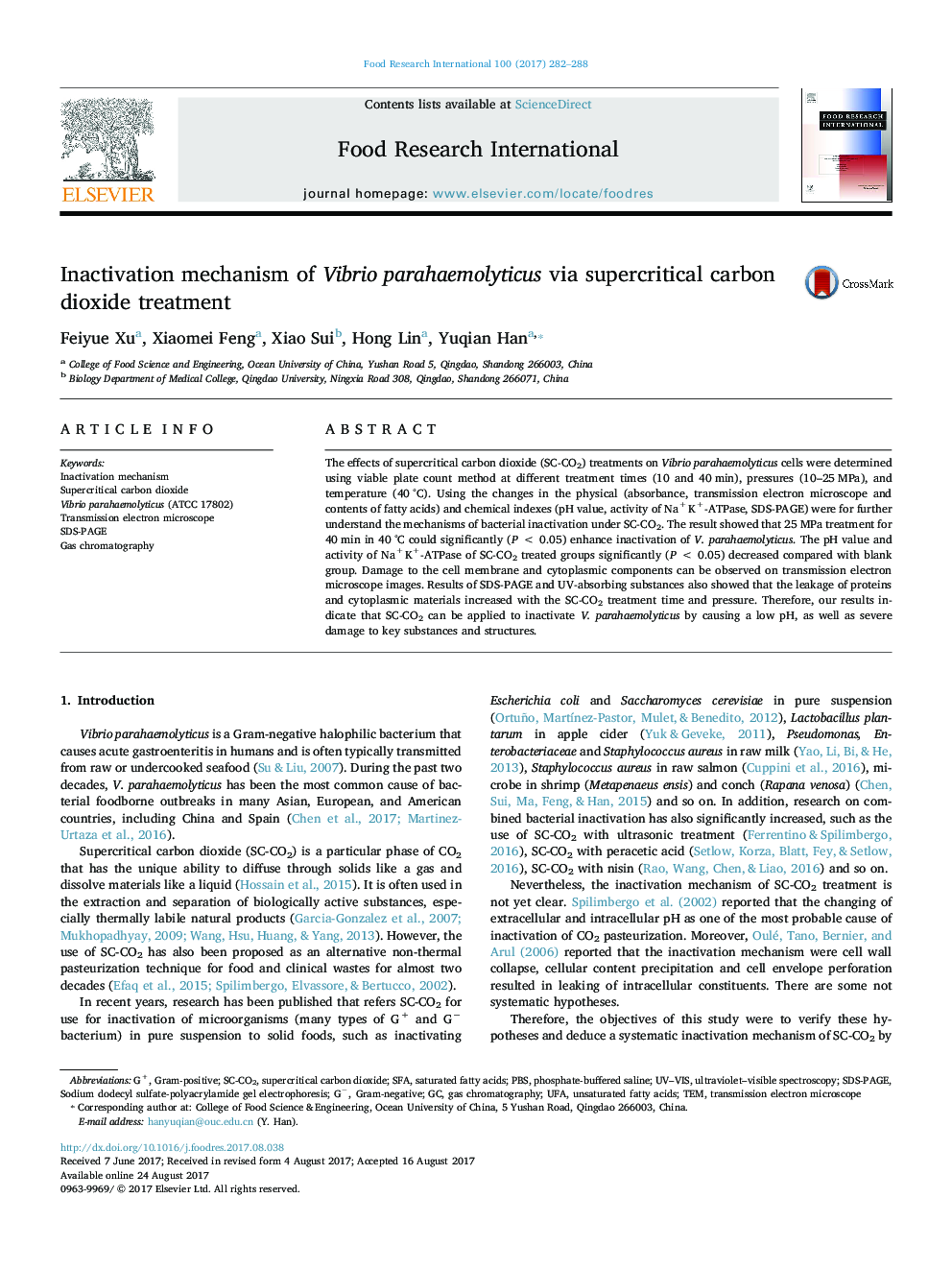 Inactivation mechanism of Vibrio parahaemolyticus via supercritical carbon dioxide treatment