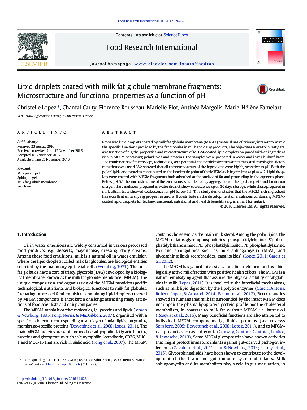 Lipid droplets coated with milk fat globule membrane fragments: Microstructure and functional properties as a function of pH