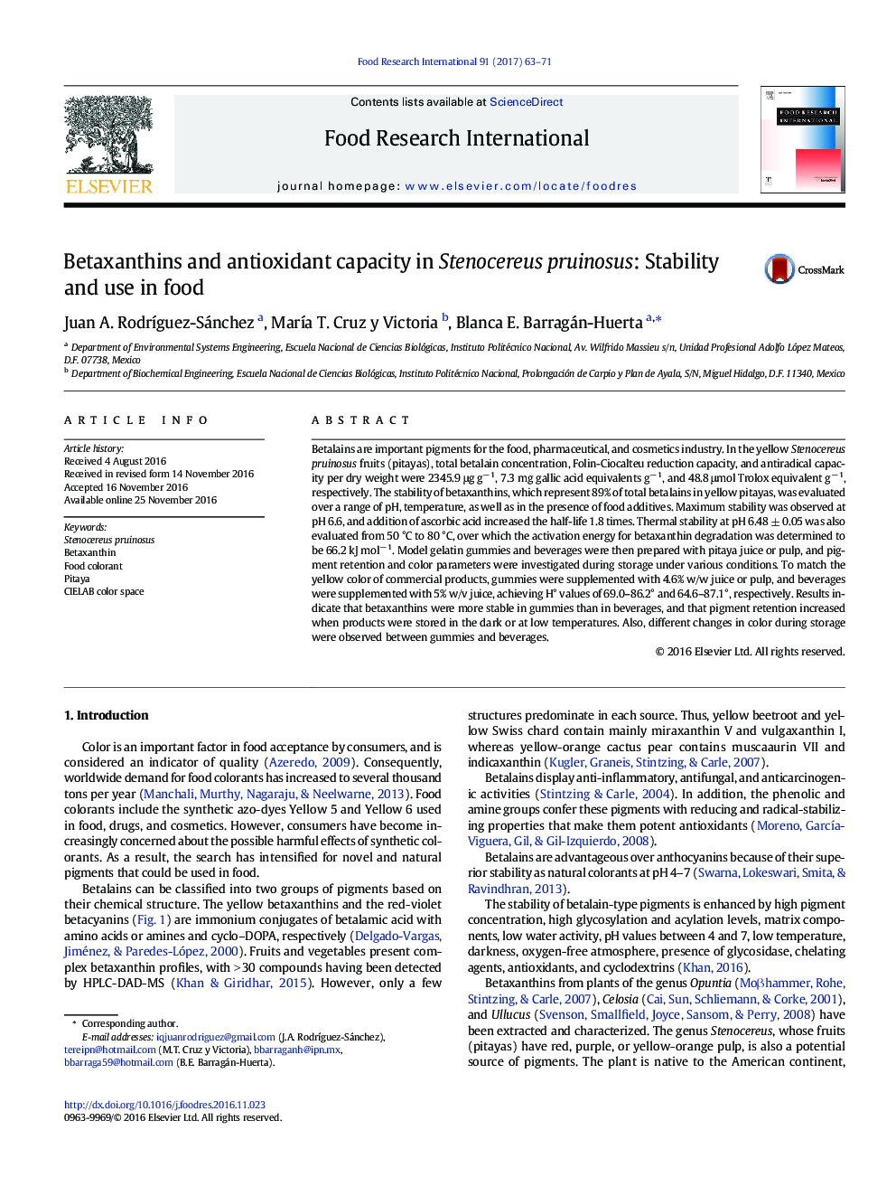 Betaxanthins and antioxidant capacity in Stenocereus pruinosus: Stability and use in food