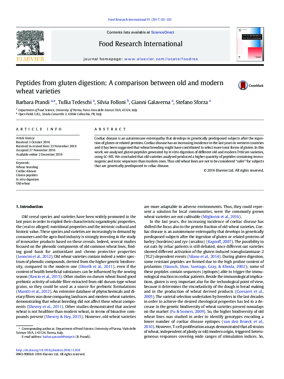 Peptides from gluten digestion: A comparison between old and modern wheat varieties