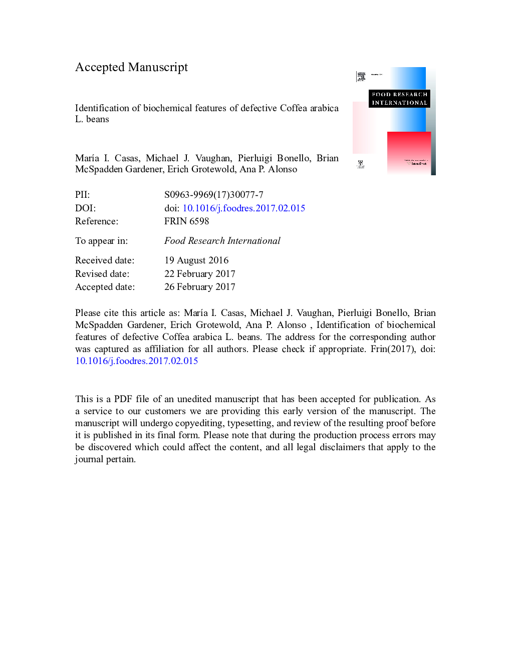 Identification of biochemical features of defective Coffea arabica L. beans