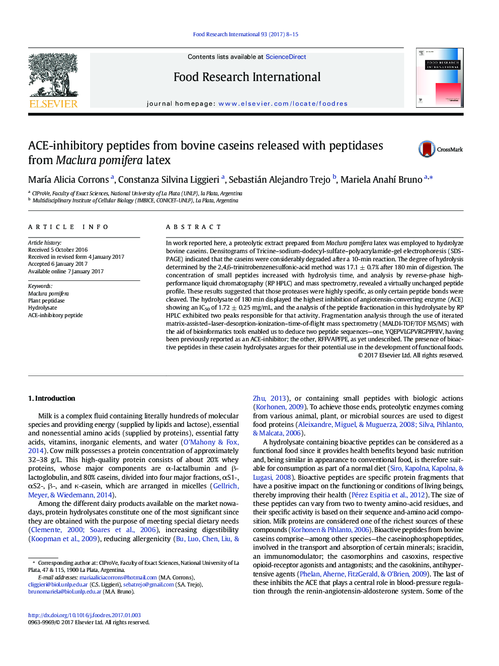 ACE-inhibitory peptides from bovine caseins released with peptidases from Maclura pomifera latex