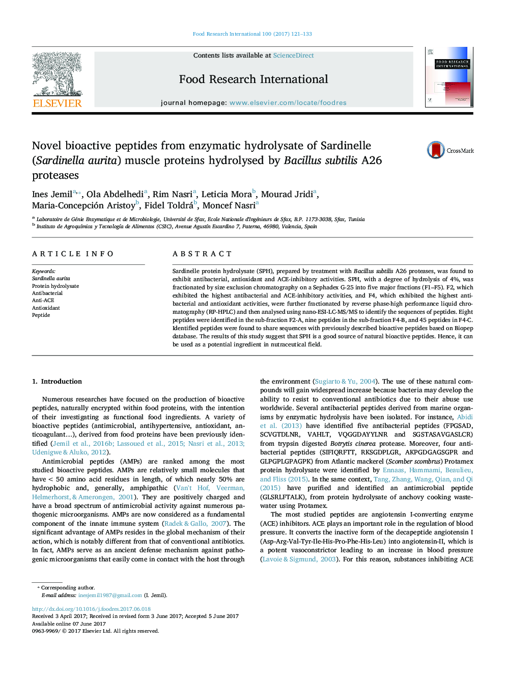 Novel bioactive peptides from enzymatic hydrolysate of Sardinelle (Sardinella aurita) muscle proteins hydrolysed by Bacillus subtilis A26 proteases